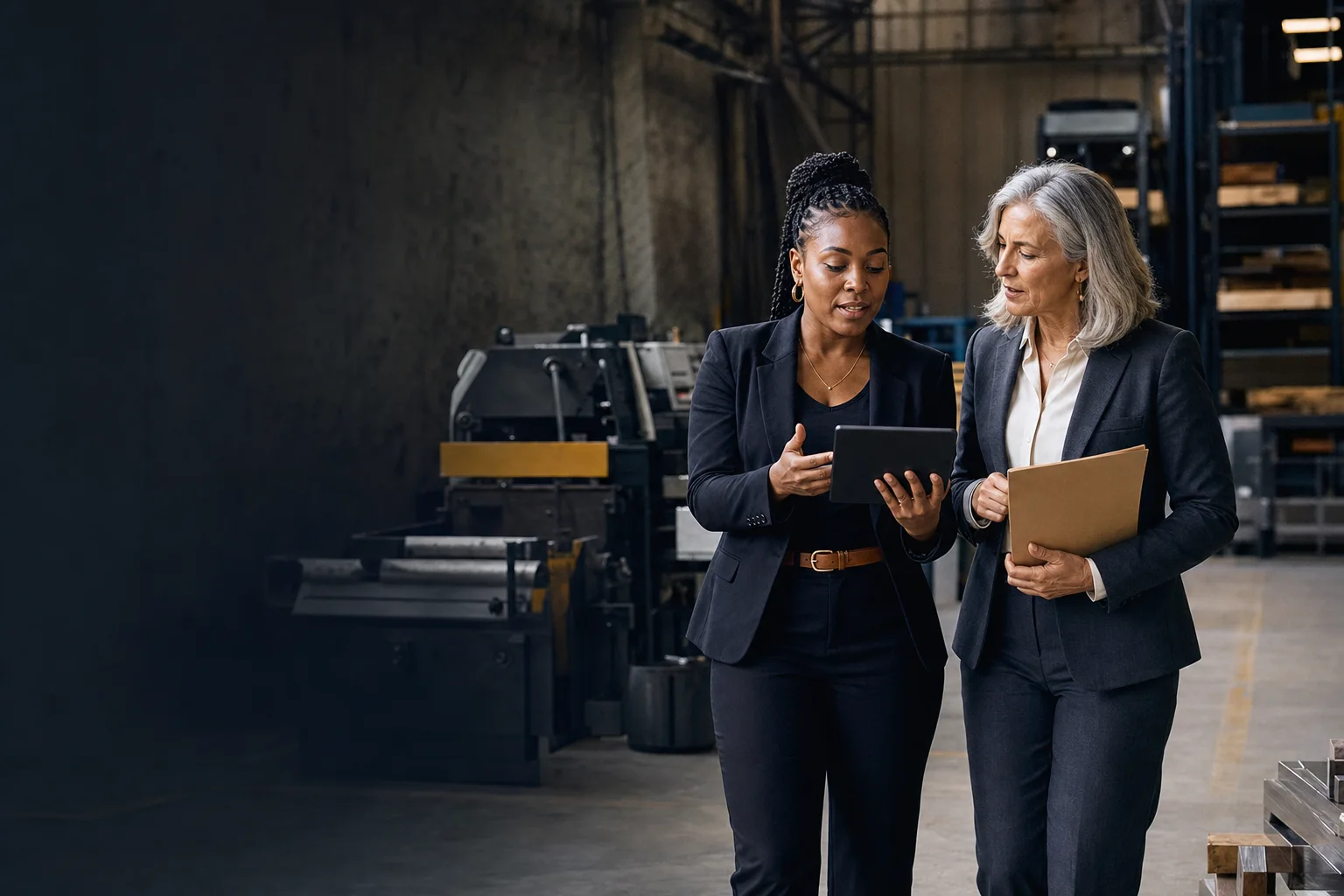 Two professionals discuss capital needs inside an active manufacturing facility.
