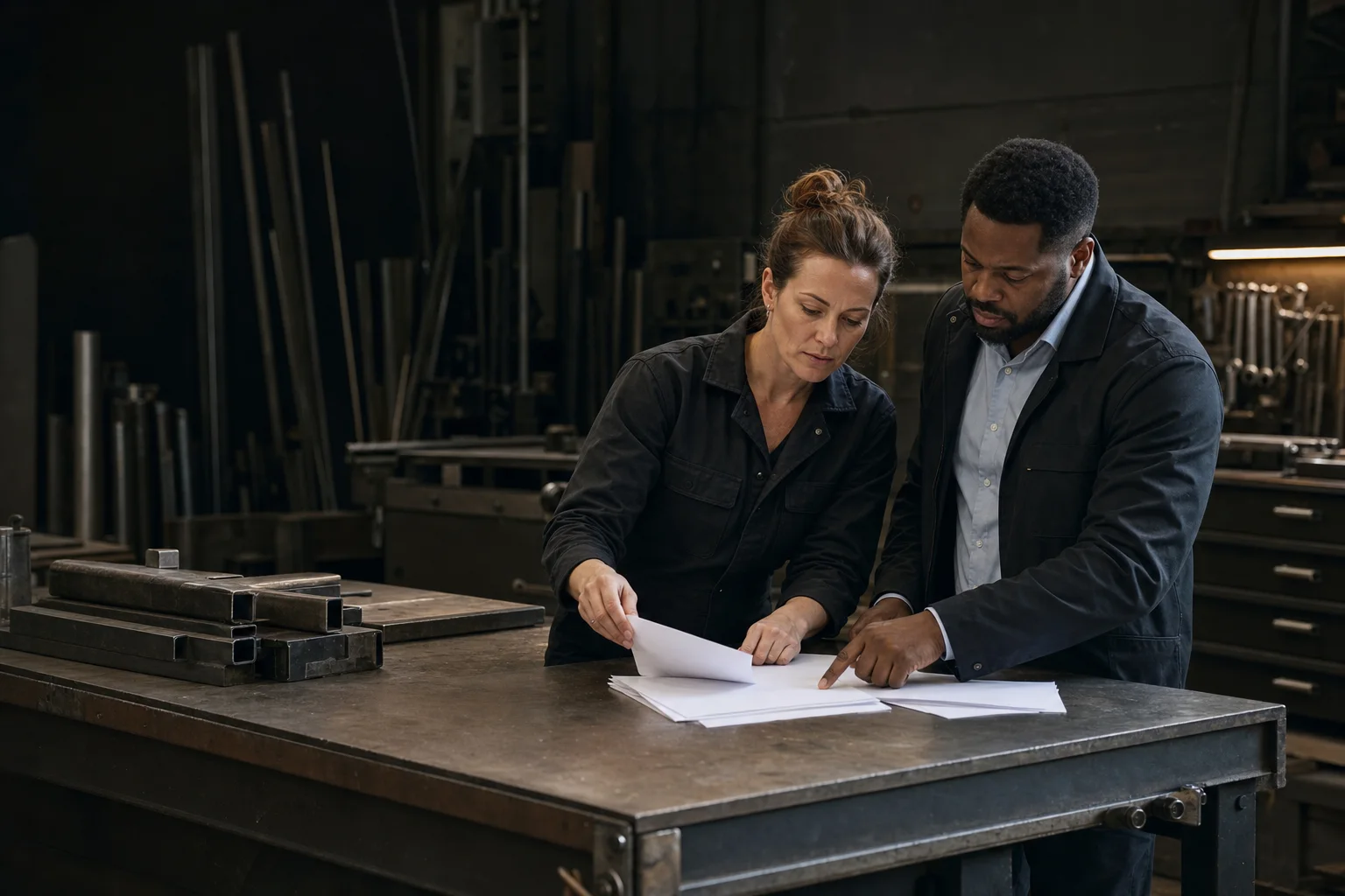 A skilled-trades business owner and advisor review blank business-credit documents at a workshop table.