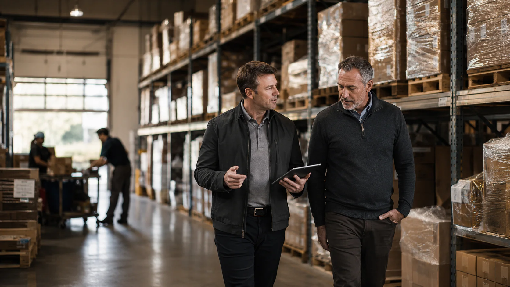 Business professionals walking through an active warehouse while reviewing operations on a tablet