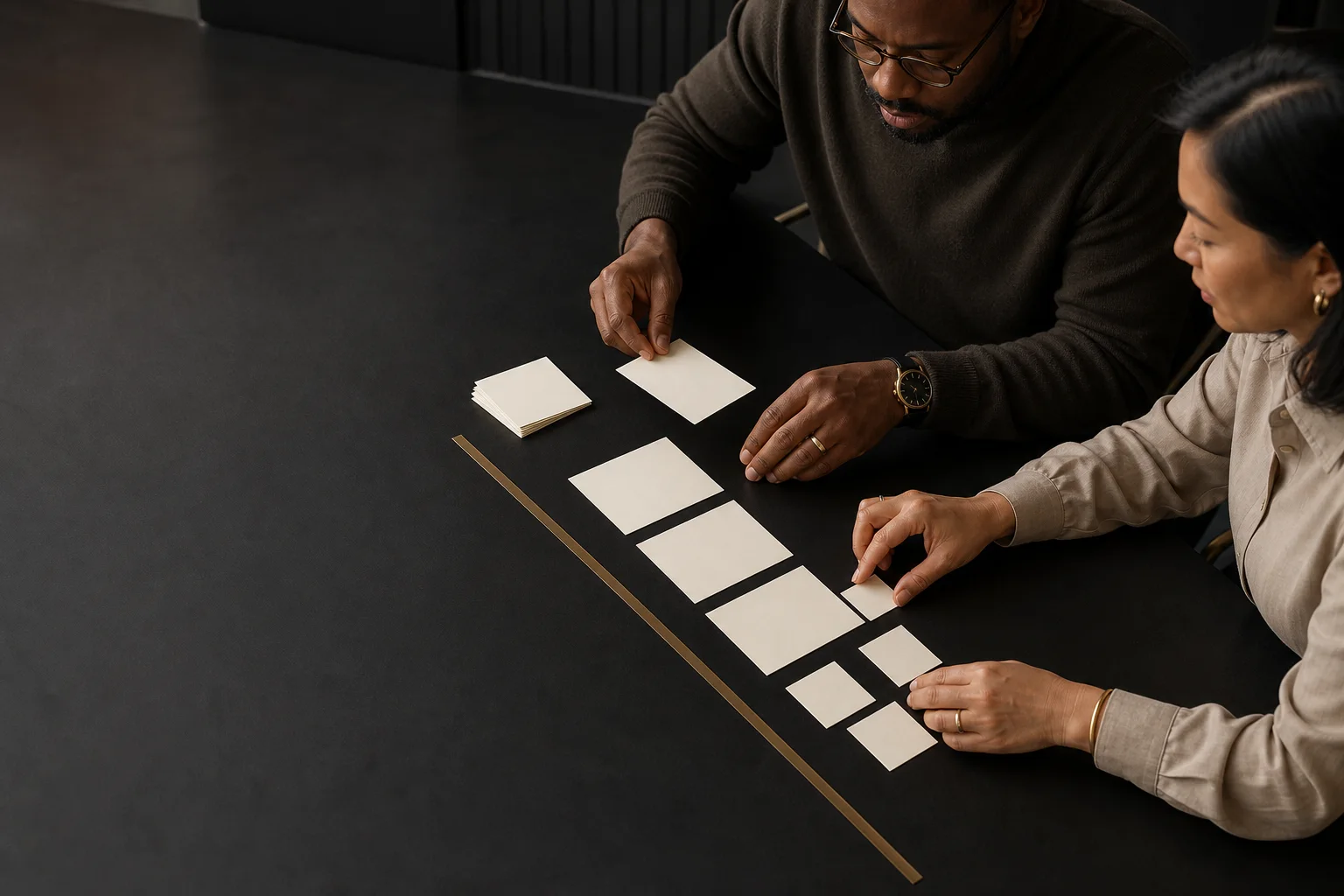 Two professionals arrange blank timing cards along a bronze alignment line.
