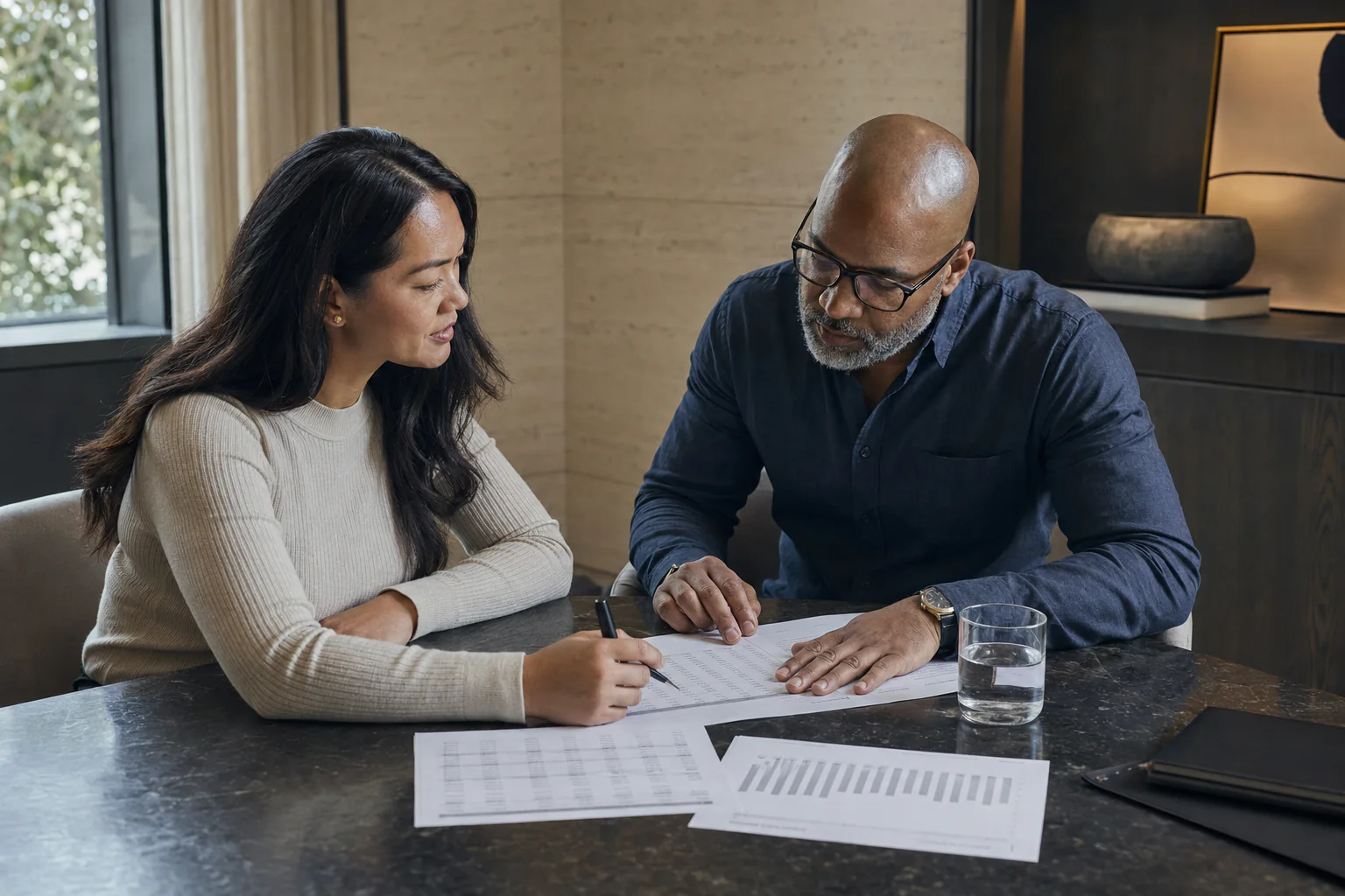 Two professionals review business financial documents in a private office.