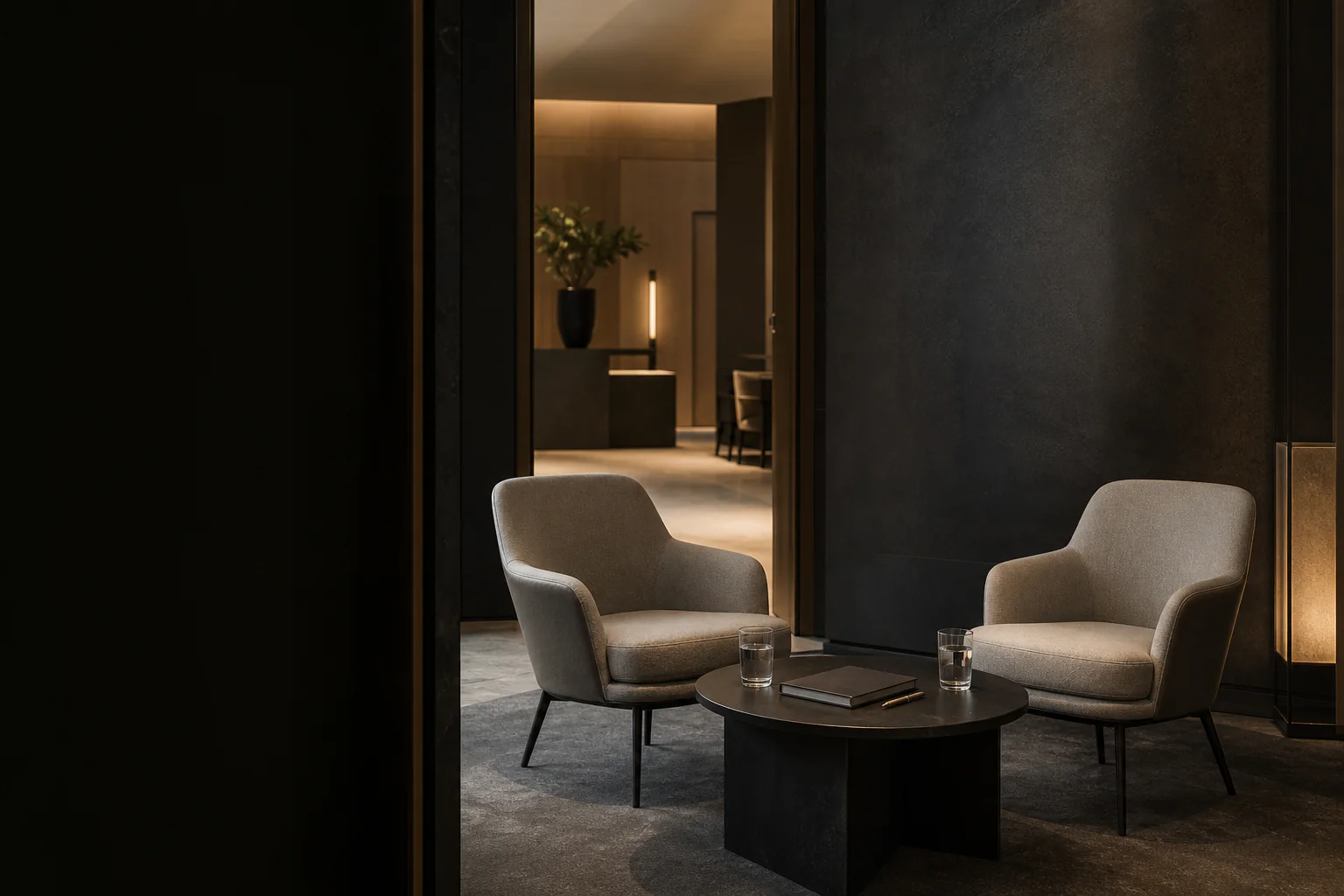 Two chairs face a prepared table beside an open doorway in a private consultation setting.