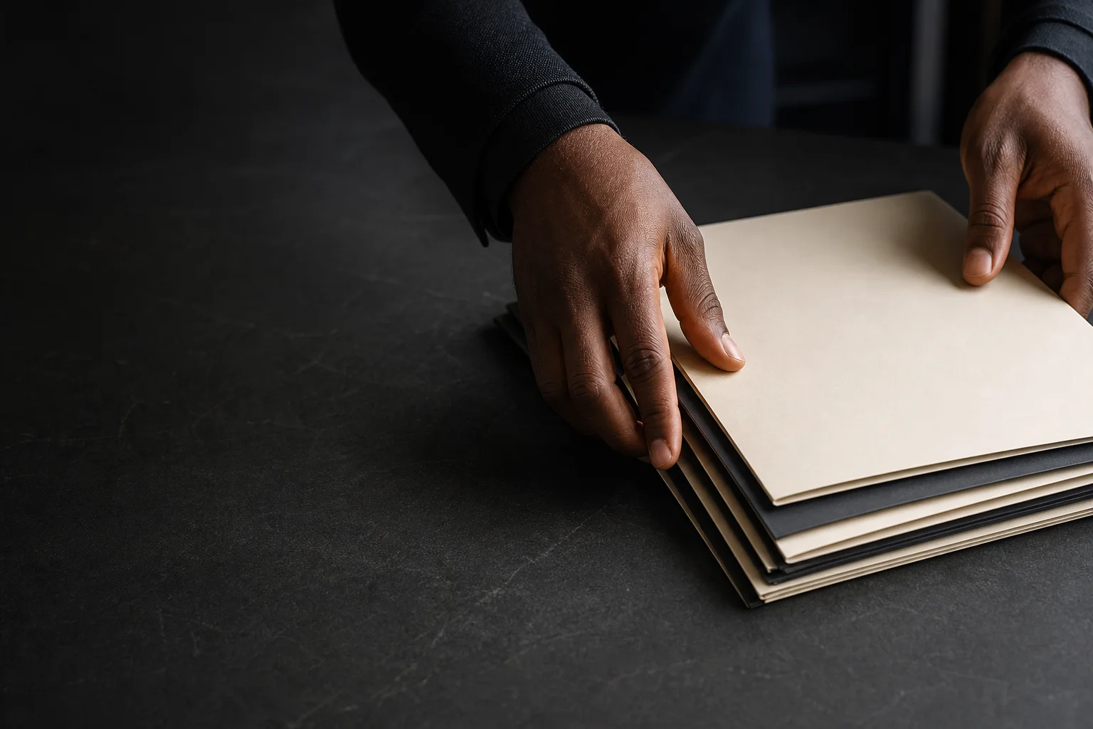 Hands organize several business-obligation folders into one clear consolidated set.