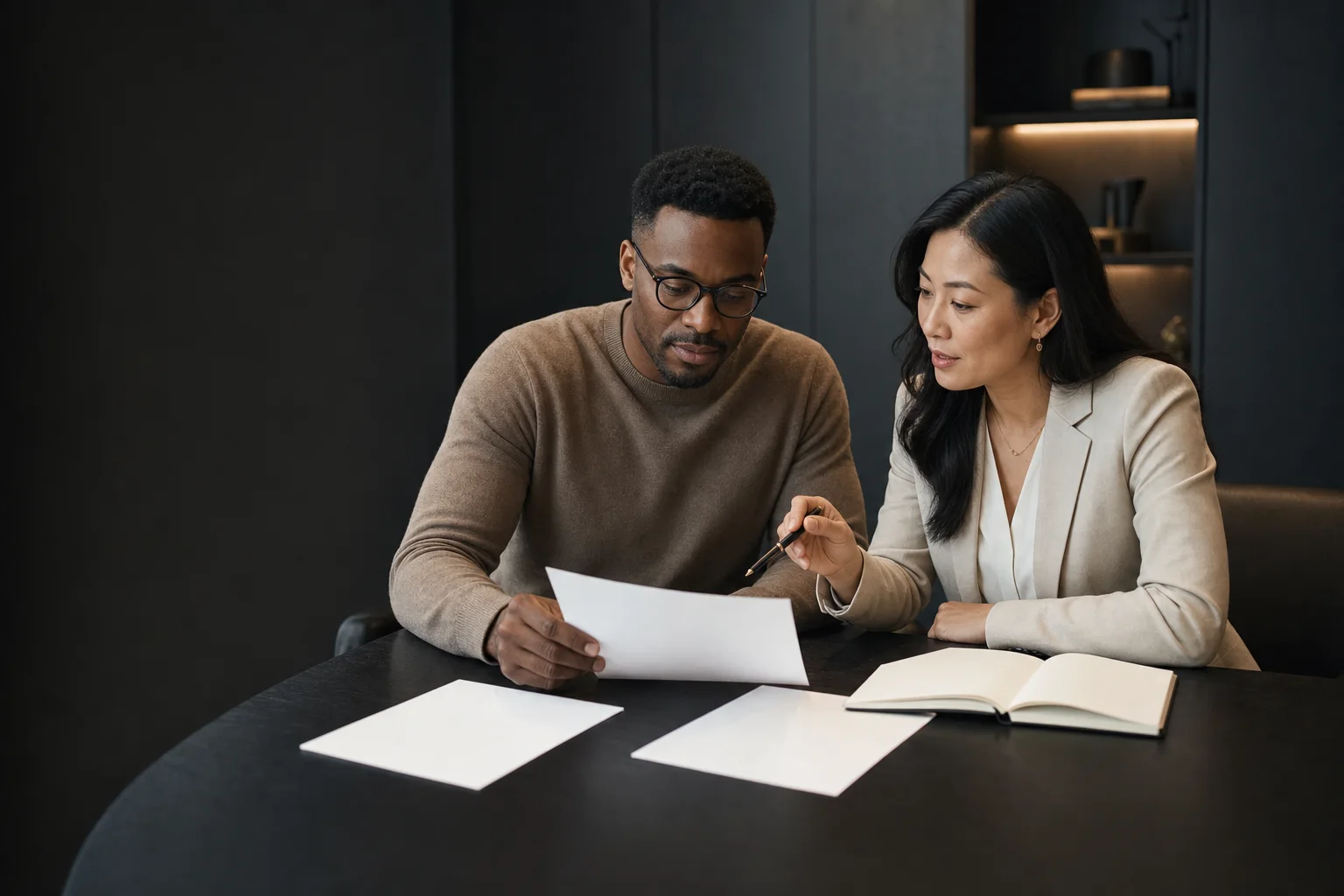 A business owner and advisor compare blank planning documents at a dark table.