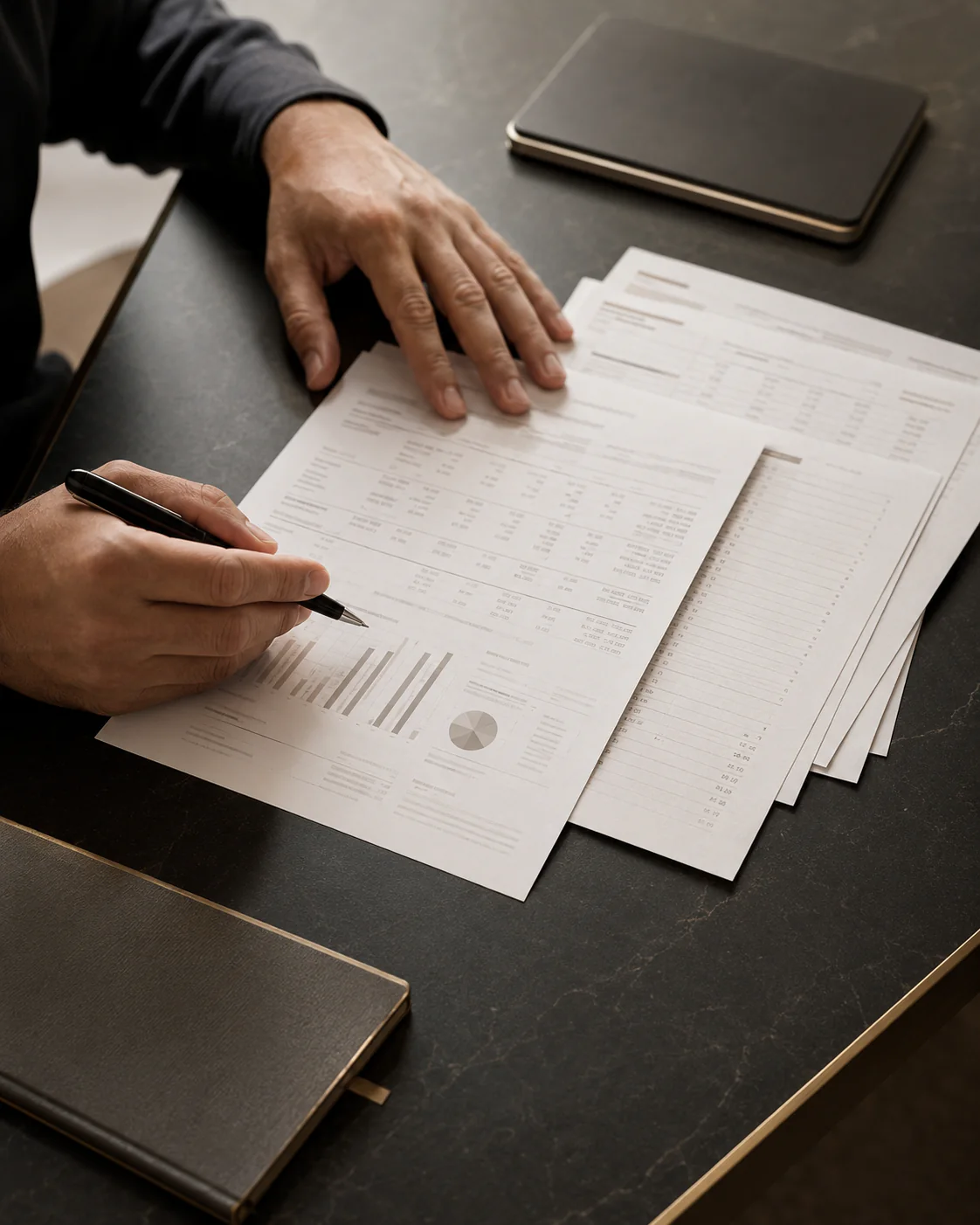 Hands reviewing business financial documents at a dark stone desk.