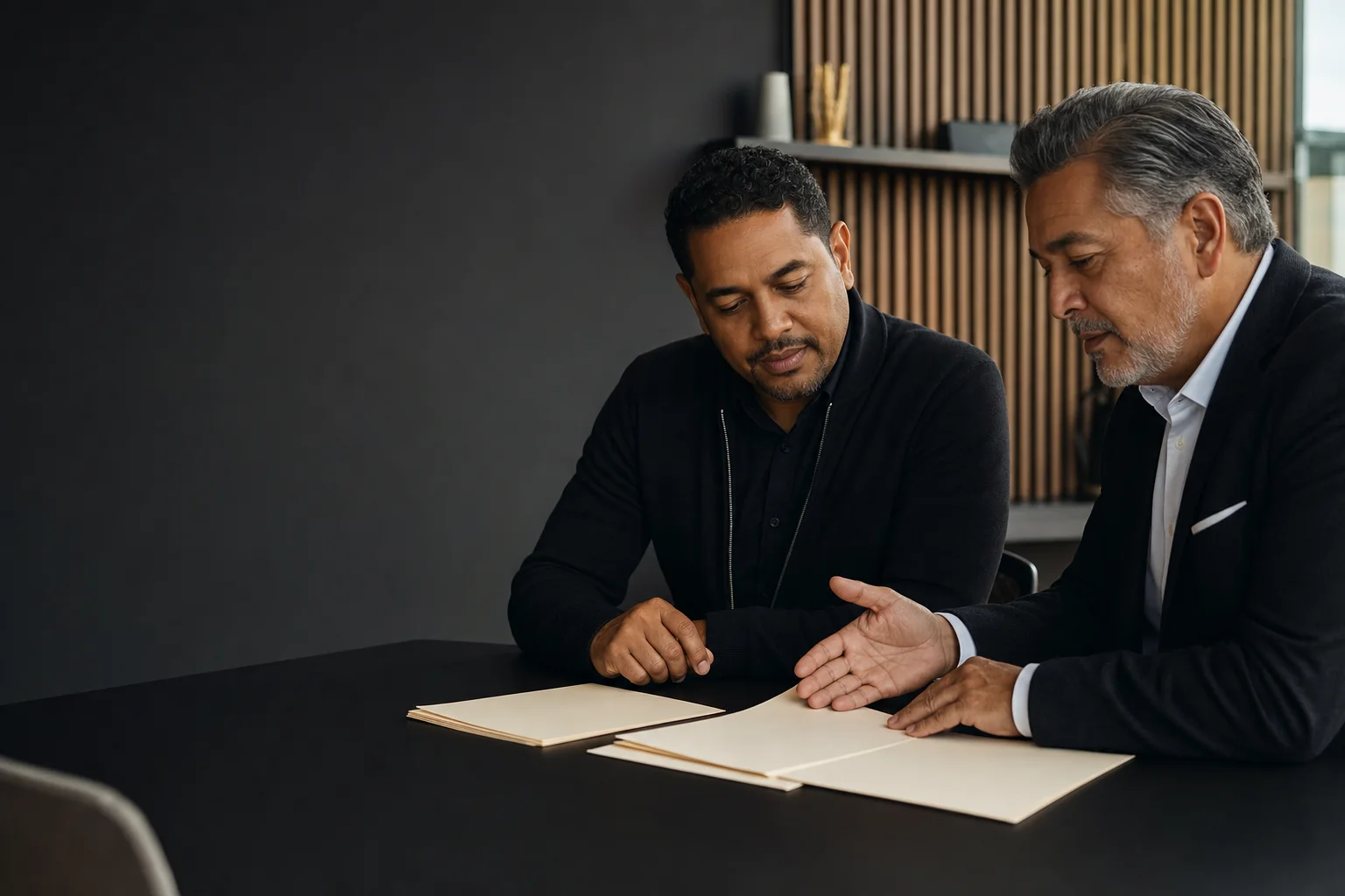A business owner and advisor review several blank agreement folders together.