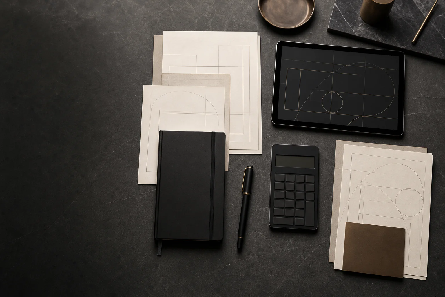 An organized overhead workspace with documents, a notebook, pen, calculator, and tablet.