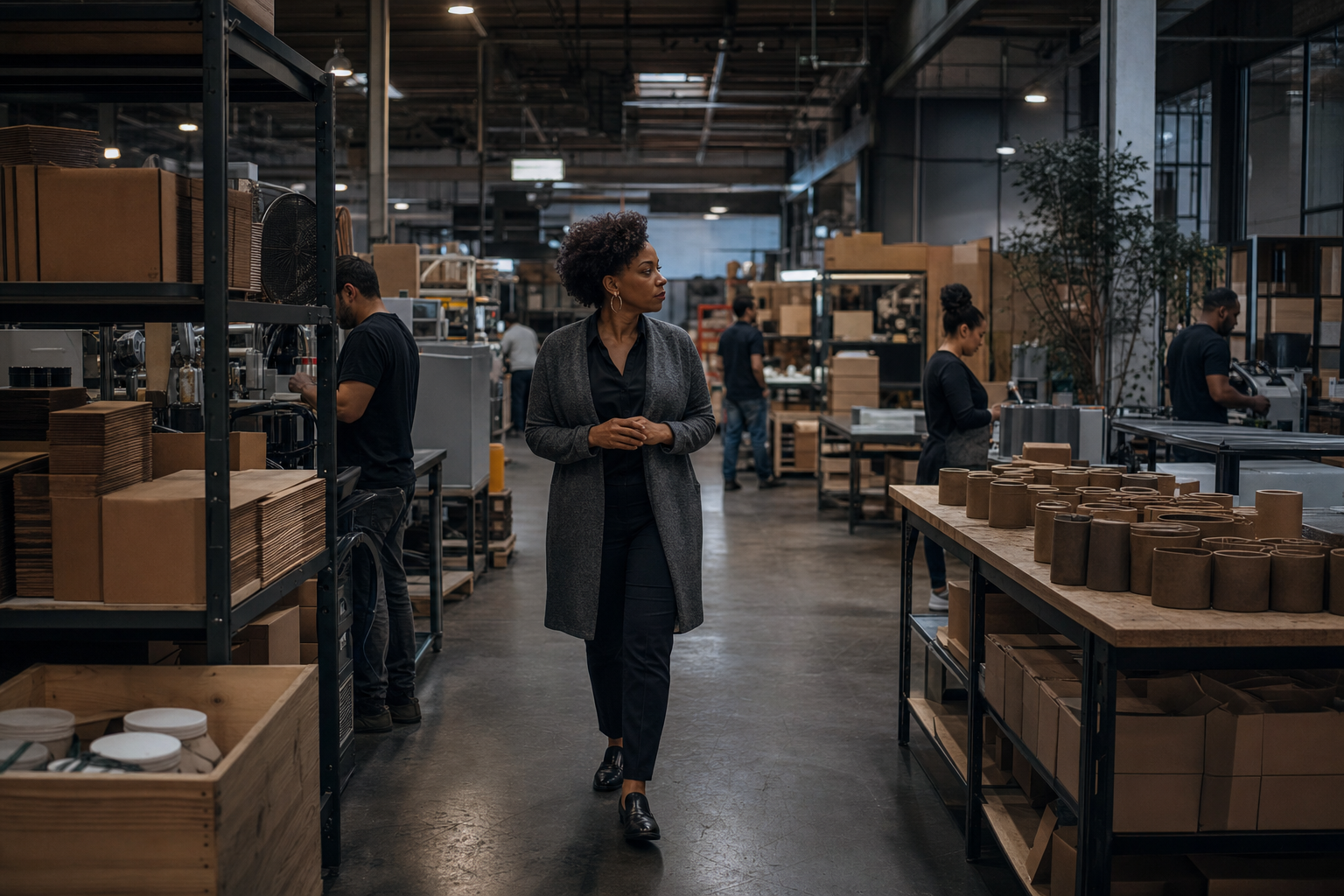 Business owner walking through an active warehouse operation