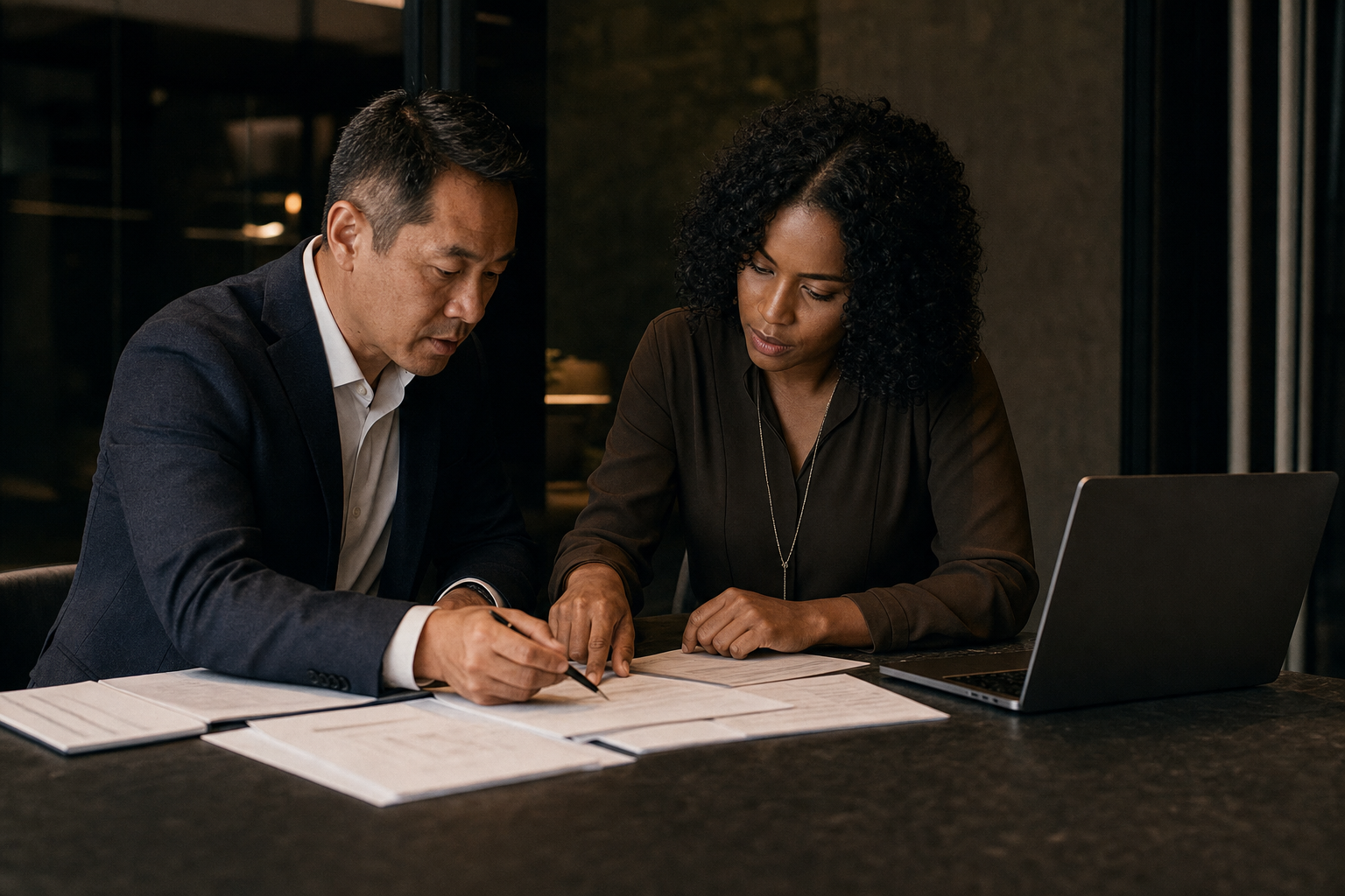 Business owner and financial advisor reviewing documents at a conference table