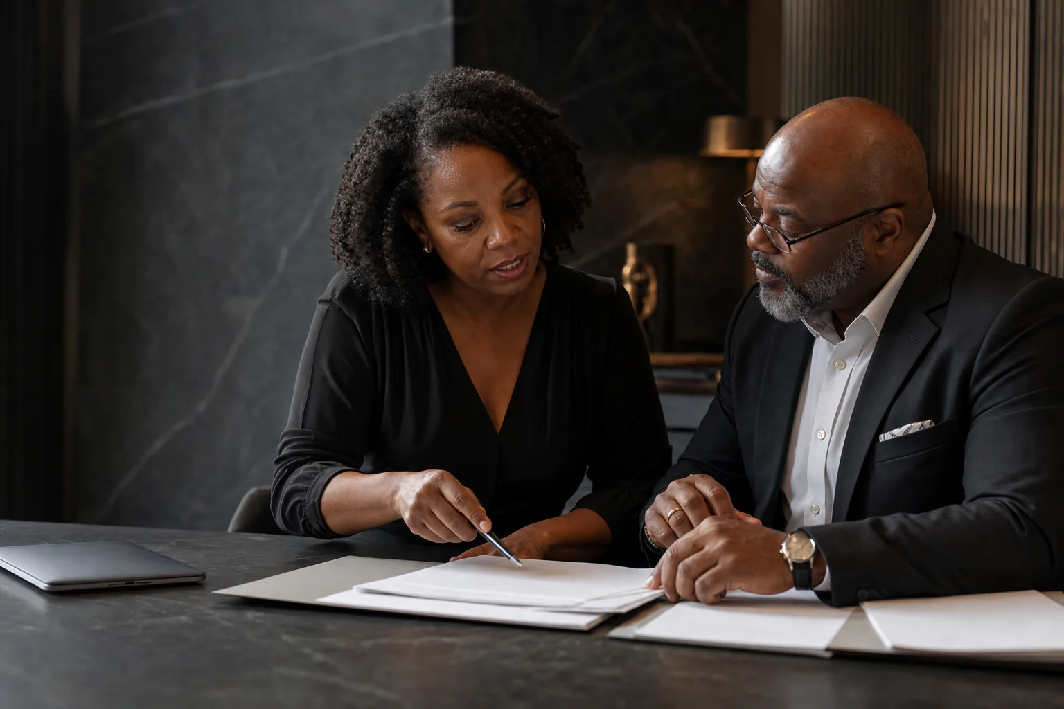 A business owner and advisor review organized documents together in a dark-toned office.