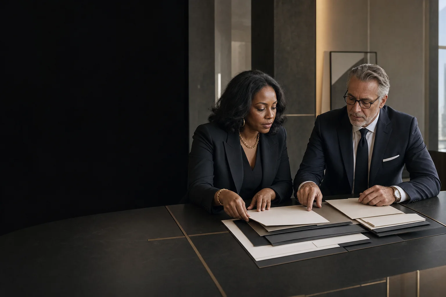 Two professionals organize layered blank financing components at a refined architectural table.
