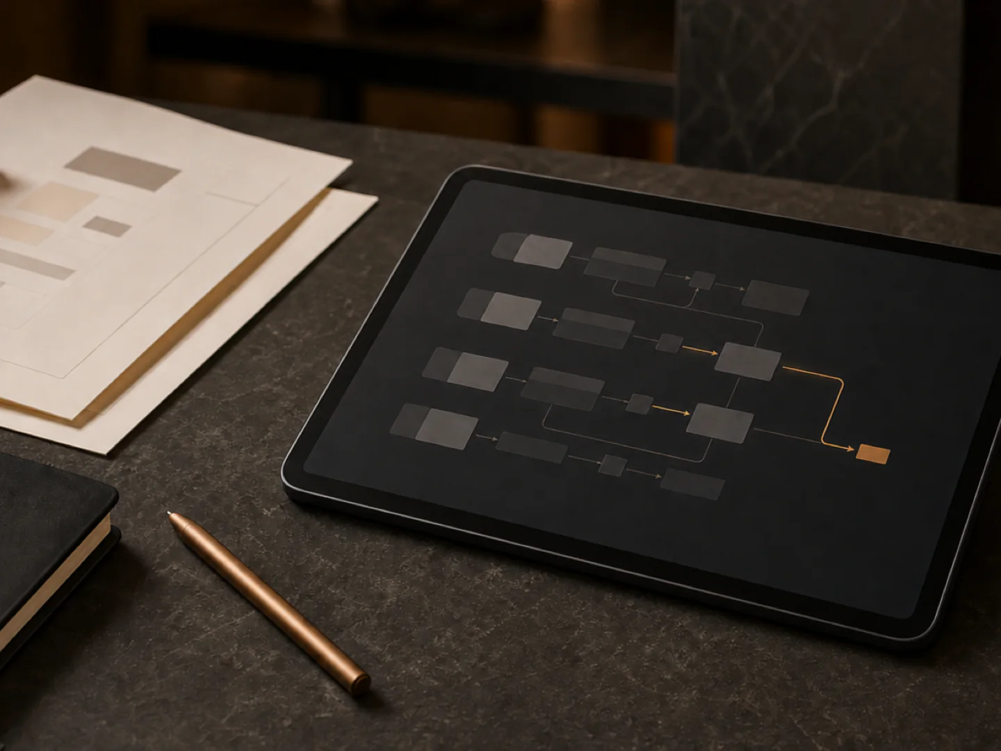 A graphite tablet and paper workflow arranged on a refined desk for next-step planning.