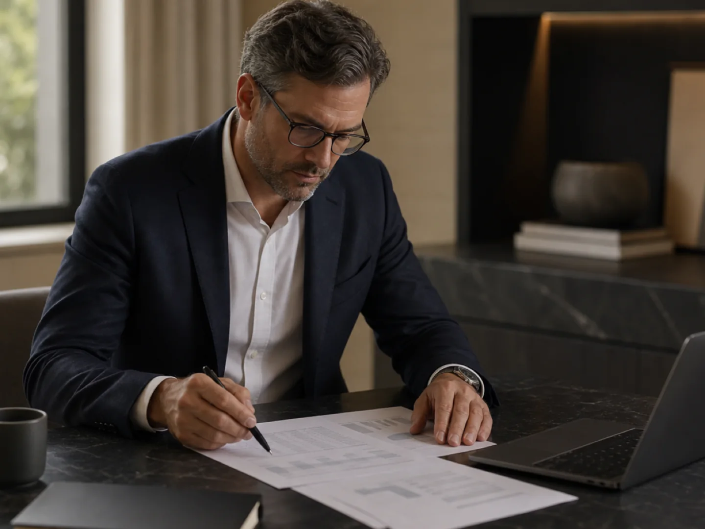 Financial advisor reviewing business documents at a desk with a notebook and laptop.